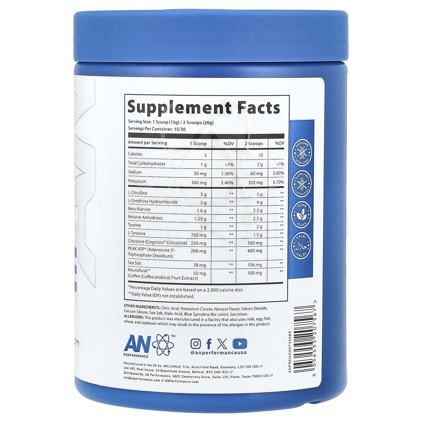Pre-Workout, Zero Caffeine, Blue Raspberry, 13.75 oz (390 g)