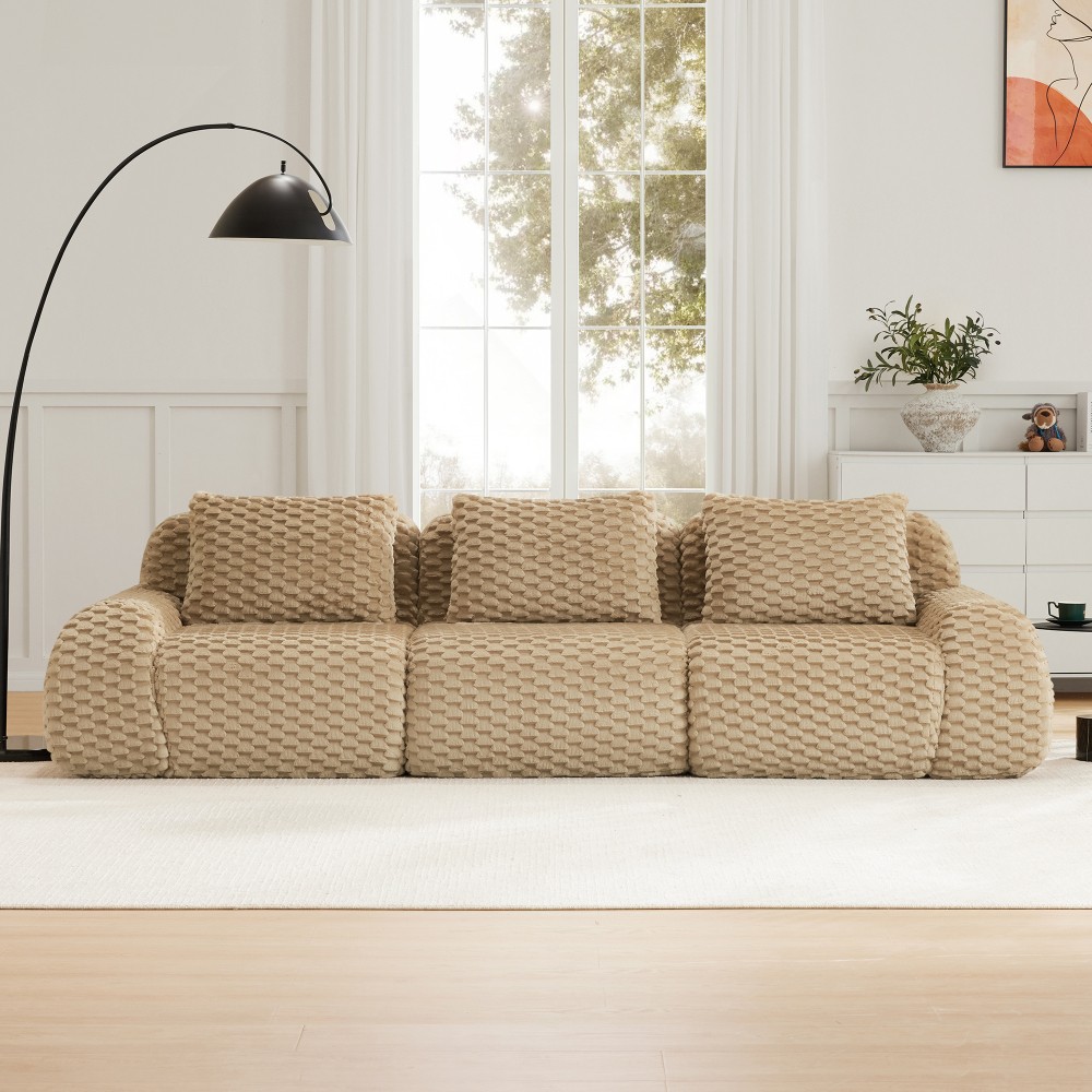 114" Modular Sofa Compressed Couch w/ Flannelette Fabric, 3-Seater, Light Camel