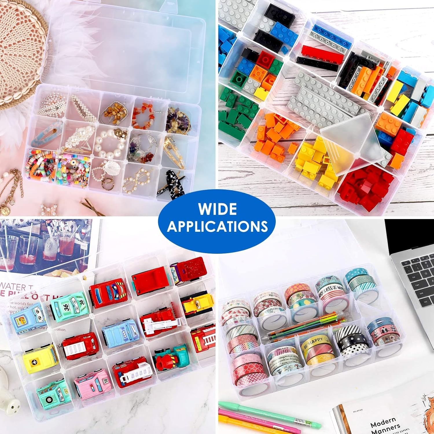 2 Pack 15 Girds Bead Organizer, Large Clear Plastic Organizer Box with Adjust...