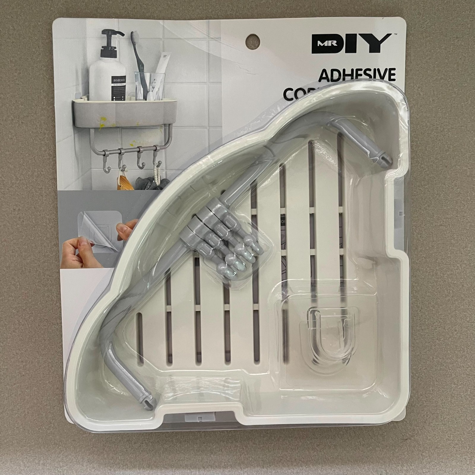 Corner Bathroom Shelf Featuring  a Triangular Slatted Rack  and Hanging Hooks