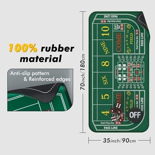 Craps Table Mat 70" x 35" with Poker Button & Storage Bag - Casino Game Layout