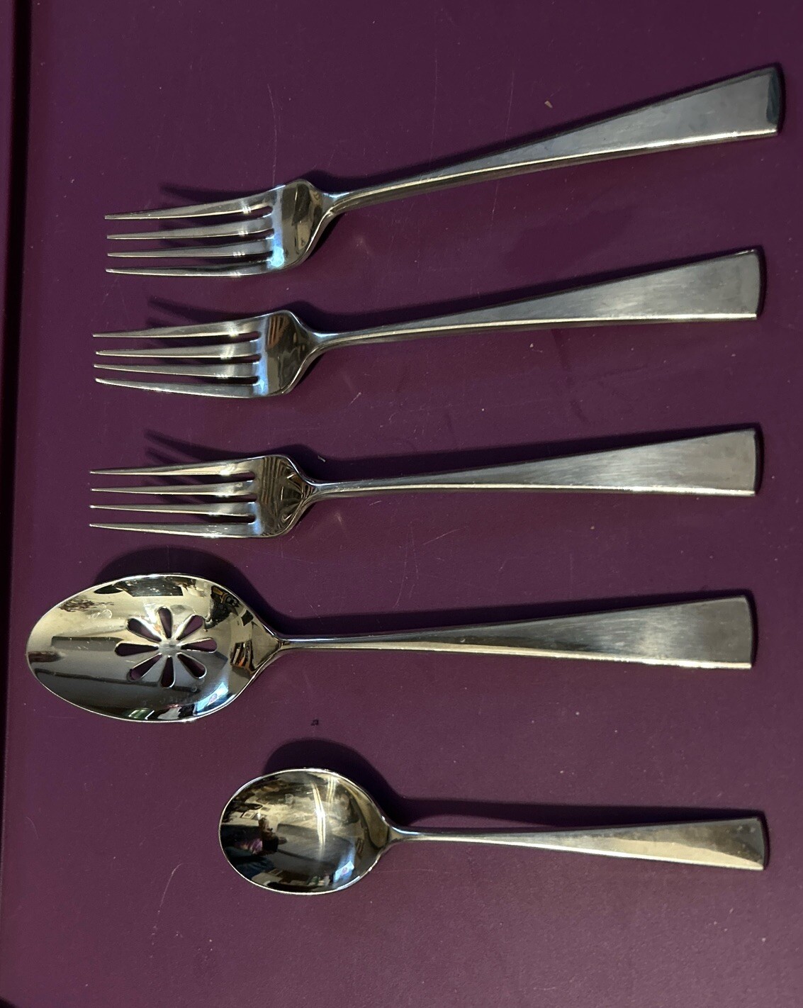 5 Pc Mikasa LUCIA Stainless Flatware Glossy Flat Tip Dinner Fork Pierced Spoon