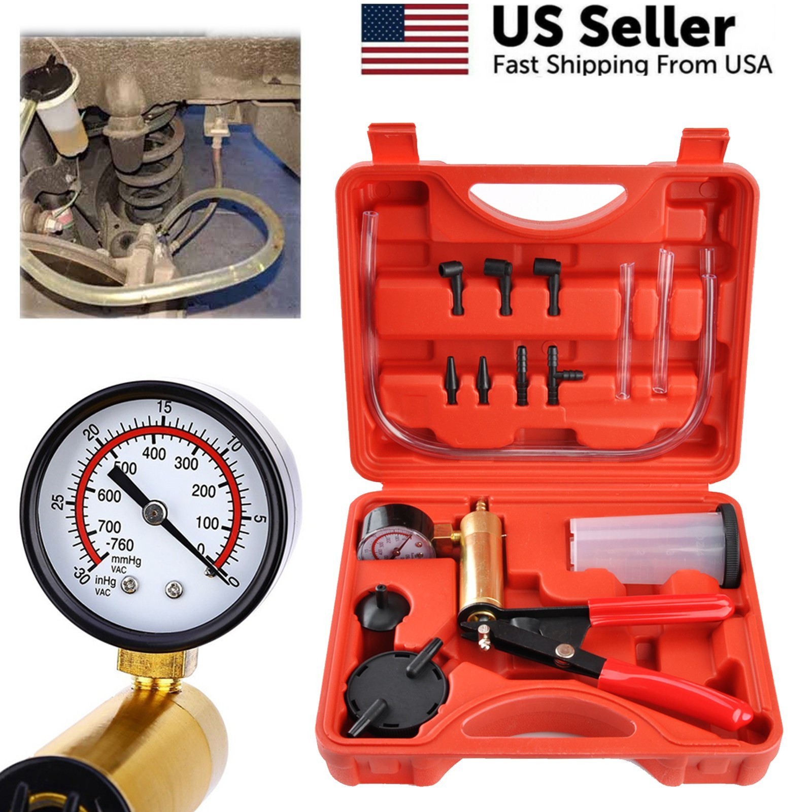 Hand Held Vacuum Pressure Pump Tester Set Brake Fluid Bleeder Bleeding Kit Box