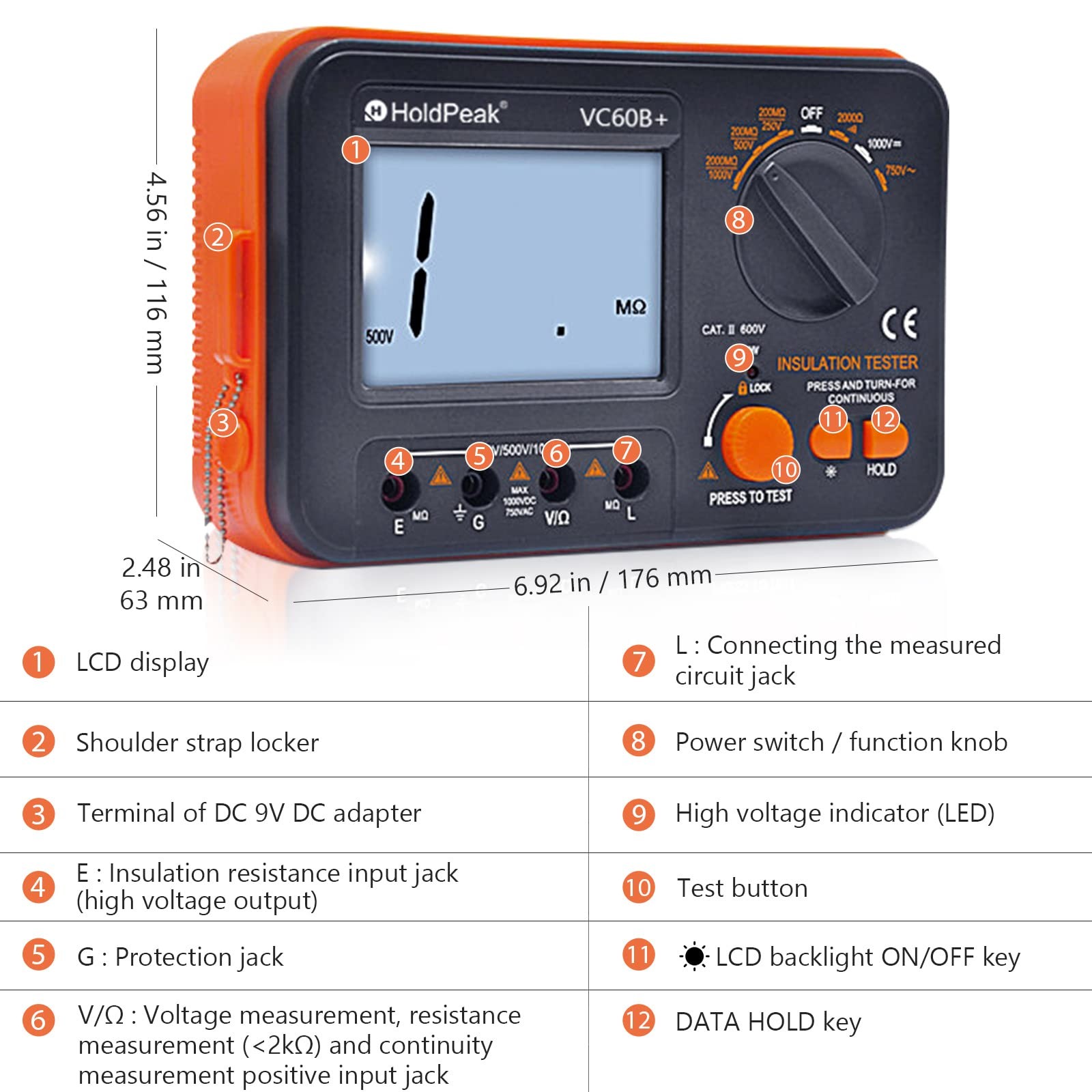 Digital Insulation Resistance Tester 1999 Counts Megohmmeter AC DC Black