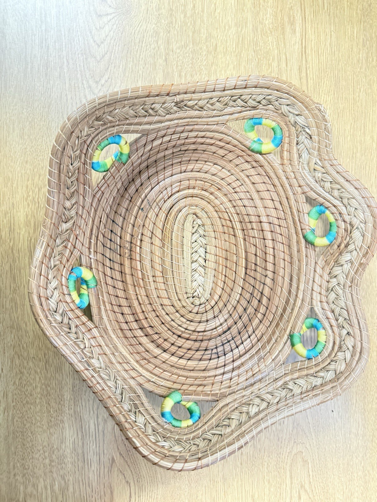 Vintage Handwoven Pine Needle Basket w/ Colorful Accents Rustic Boho Bowl