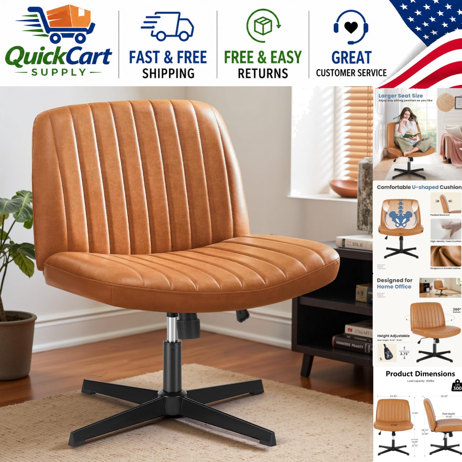 Elegant Wide Seat Ergonomic Criss-Cross Chair in Brown PU for Home & Office