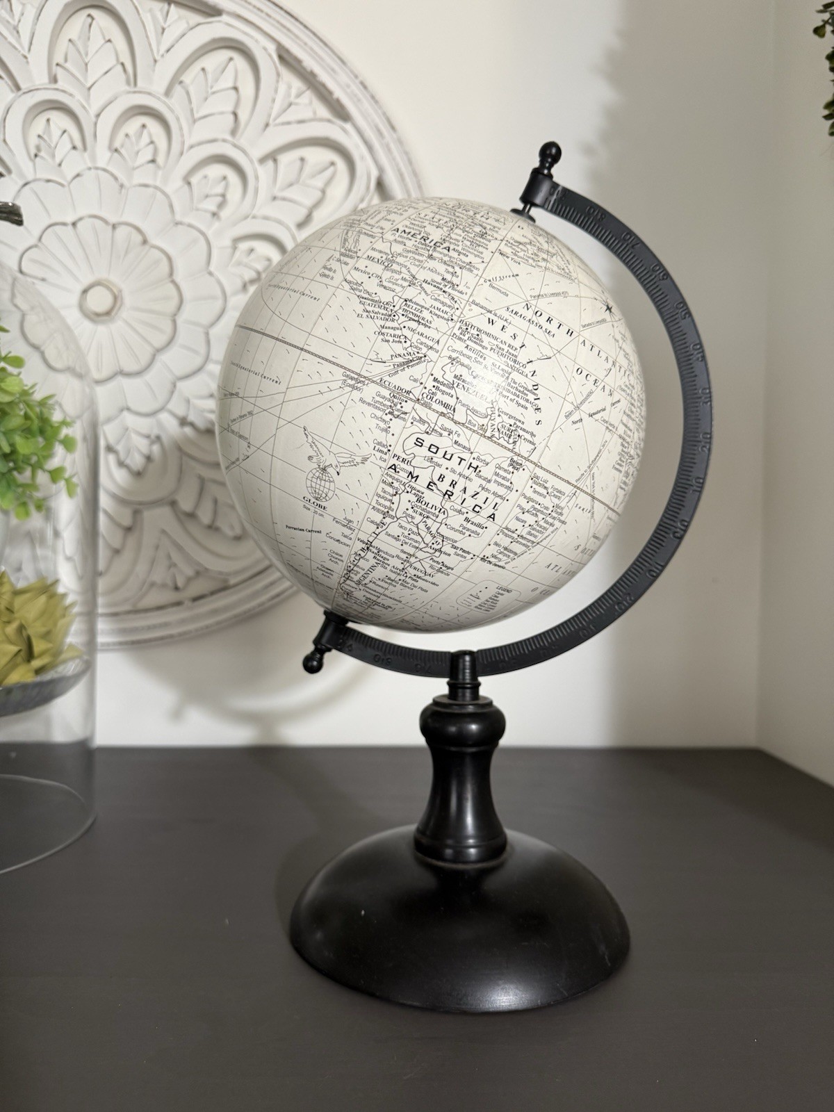 15” WORLD MAP GLOBE Tabletop HOME /OFFICE Decor w/Metal STAND Black Tone Print