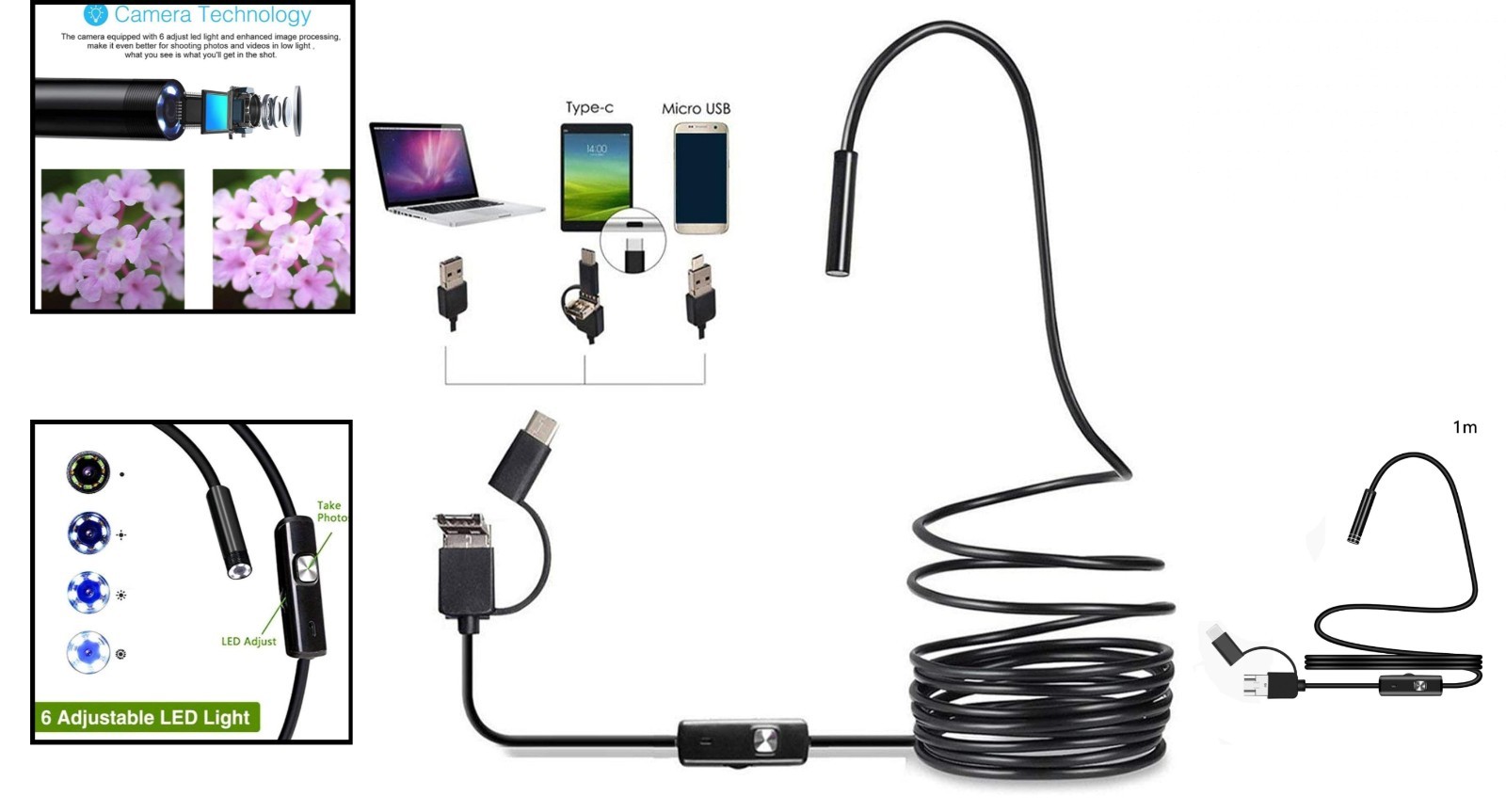 3 in 1 Inspection Camera with Adjustable LED & USB Connectivity for Easy Use