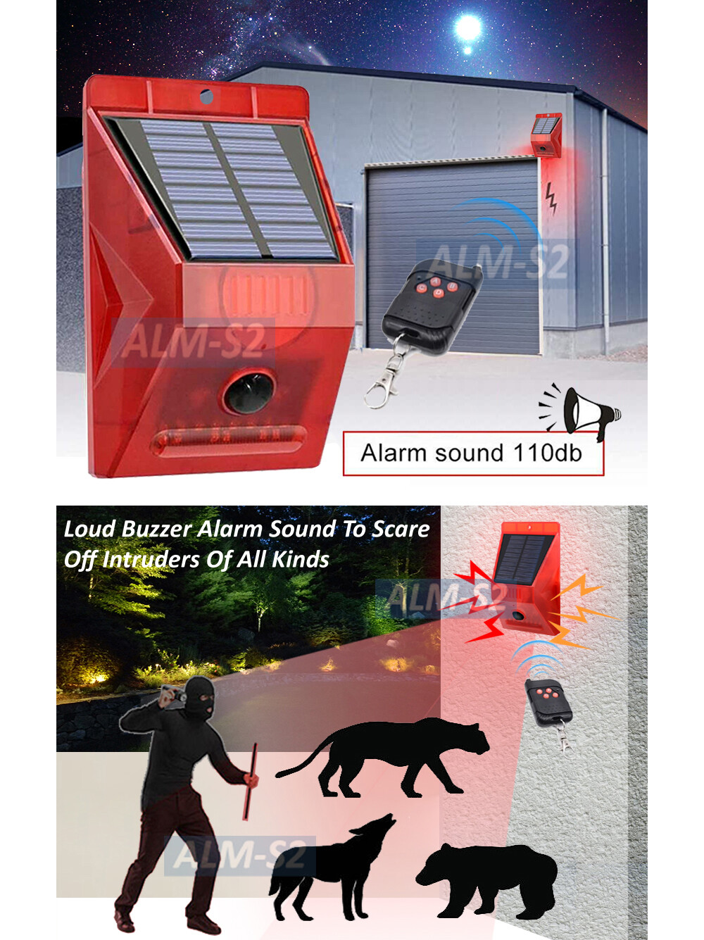 110dB Motion Sensor Alarm Solar Panel DC Powered Home Security IR Remote