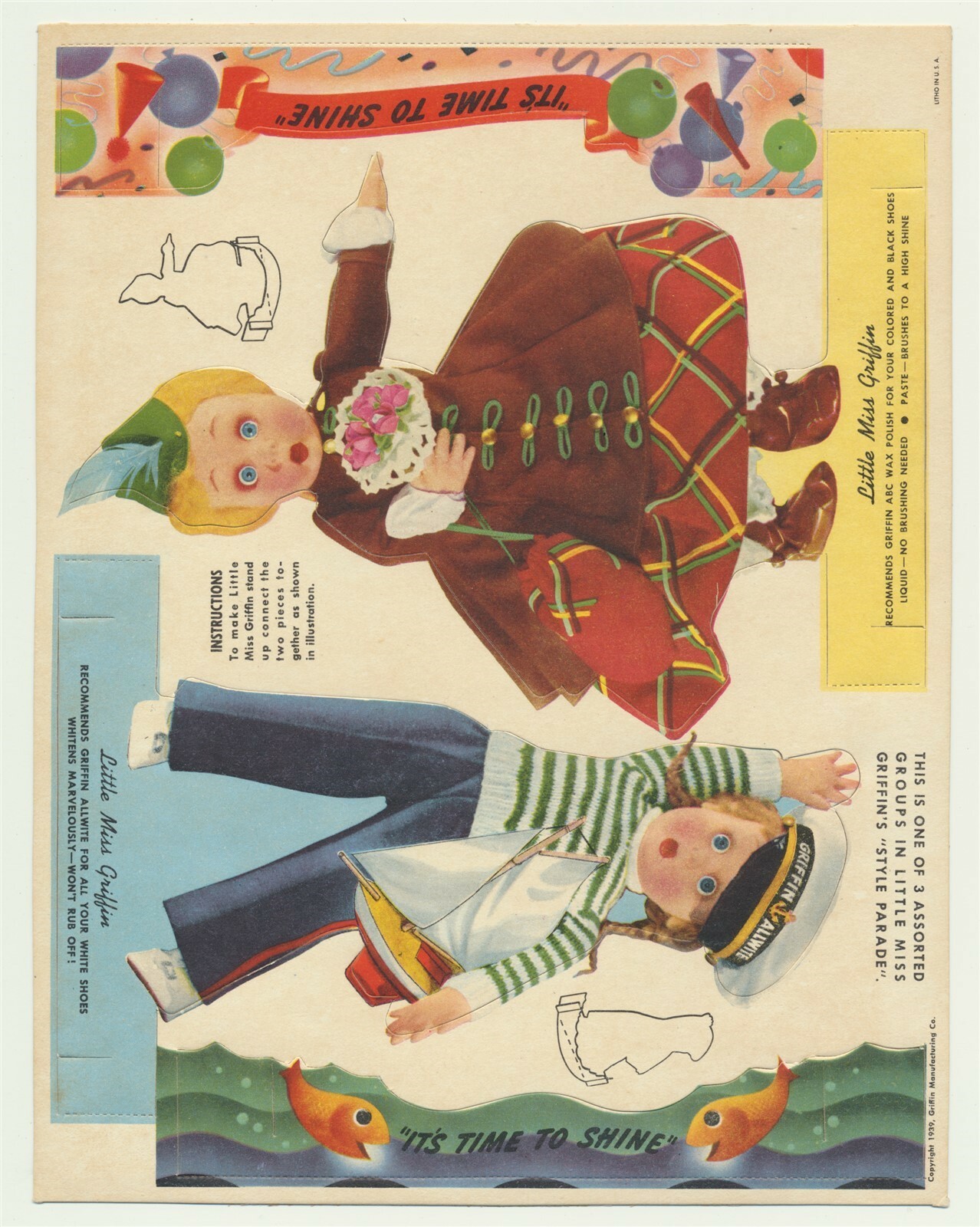 2 Little Miss Griffin Paper Dolls - Griffin Mfg Co 1939 - Shoe Polish