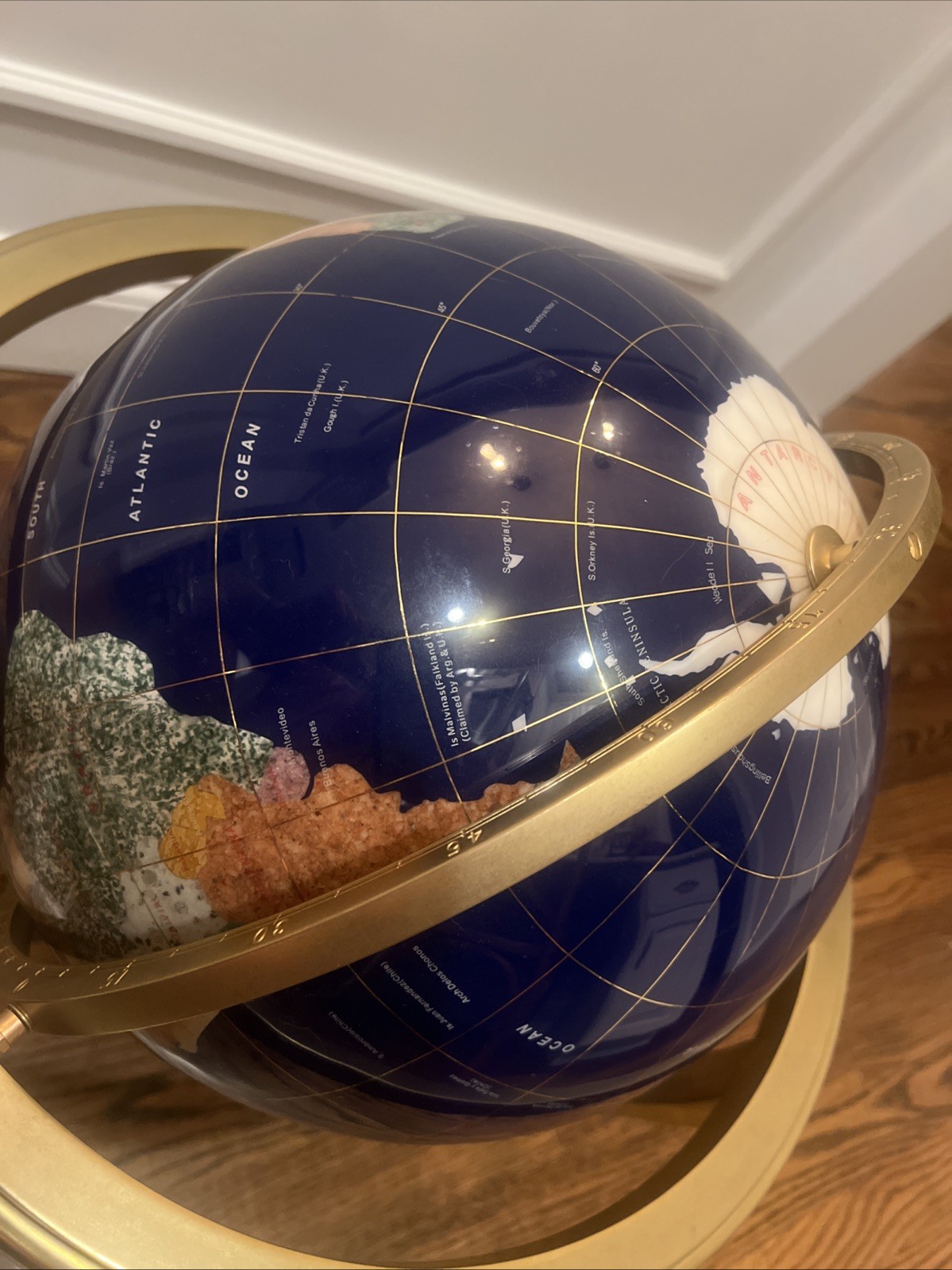 Blue Lapis Rotating Globe Precious Inlaid Stone Solid Brass w/ Compass