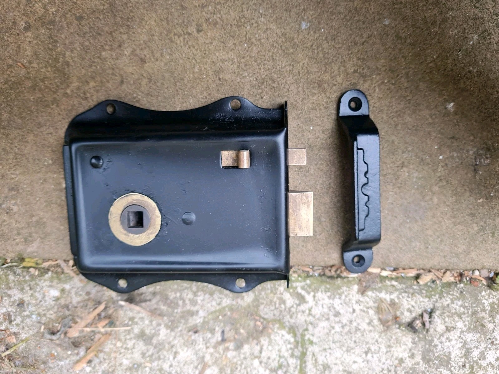 Old vintage metal door rim lock, & Repro  keep