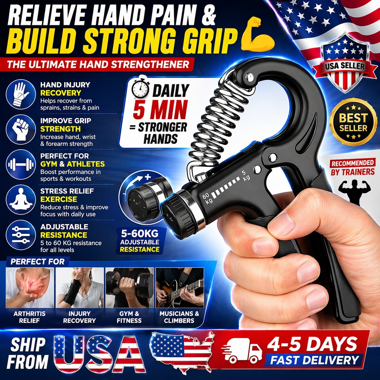 Adjustable Hand Grip Strengthener 5-60KG Forearm Trainer Gym Fitness Rehab