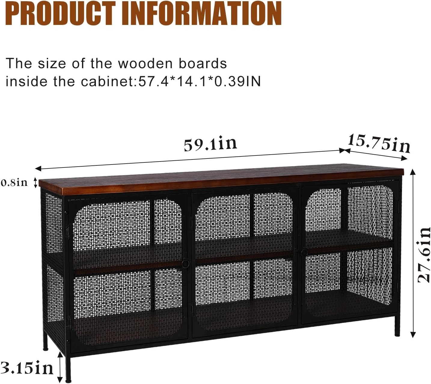 Industrial Stora Console Cabinet with Solid Wood , Bla Metal Mesh
