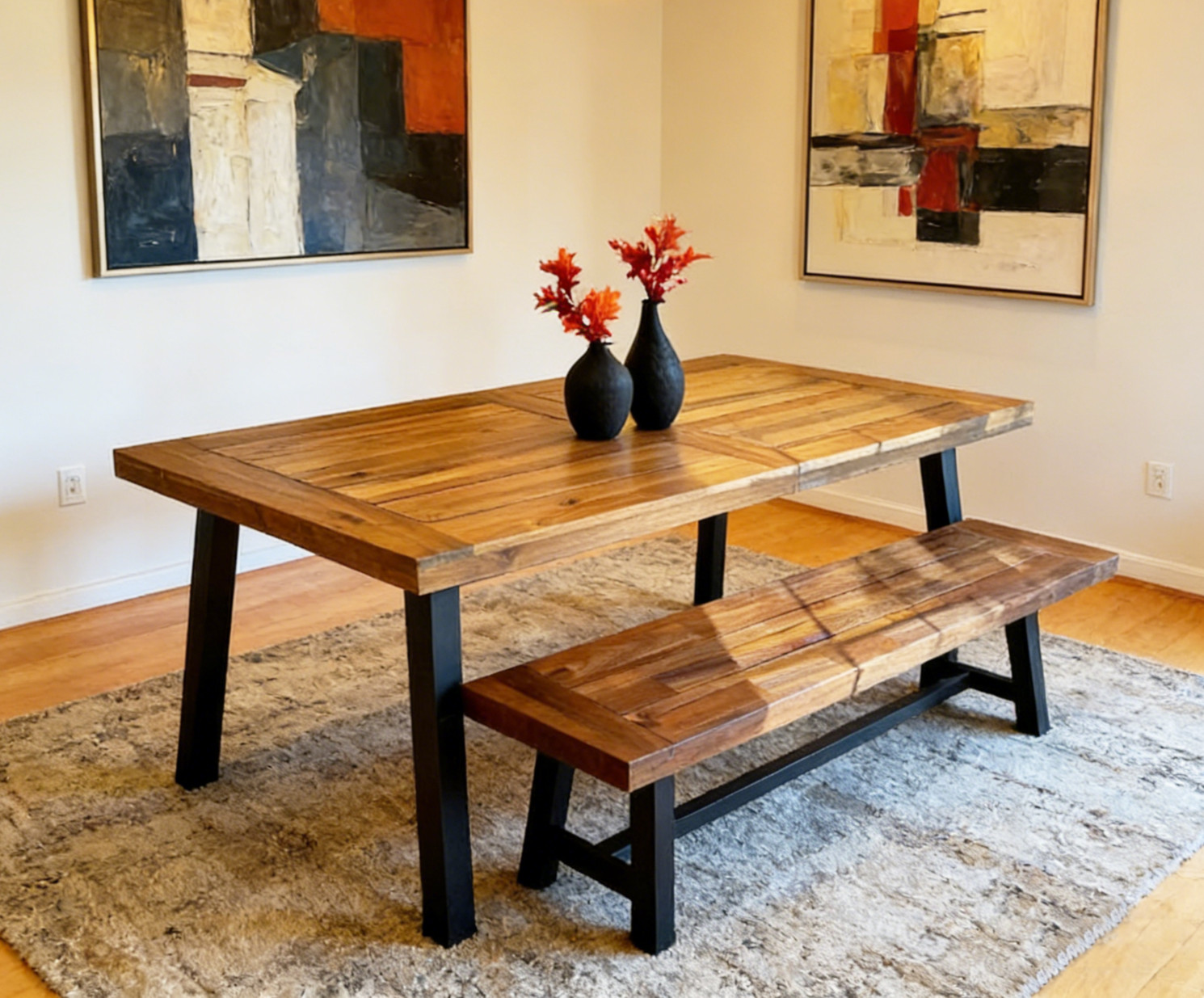 Industrial Solid Wood & Metal Legs Dining Table Bench Set Kitchen Breakfast Nook