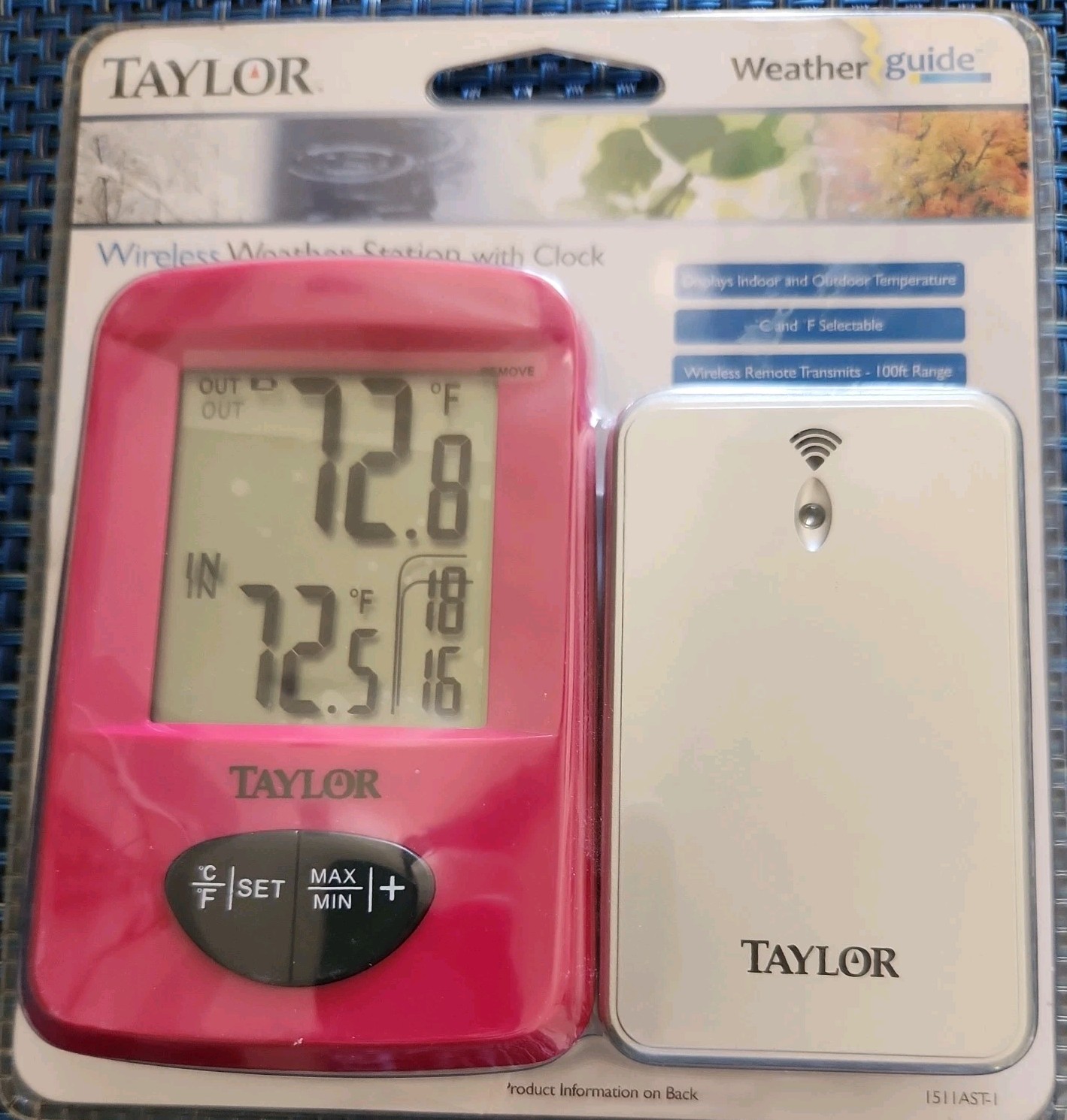 Indoor Outdoor Taylor Weather Station w/ Clock Wireless 100FT, Pink 1511AST1 New