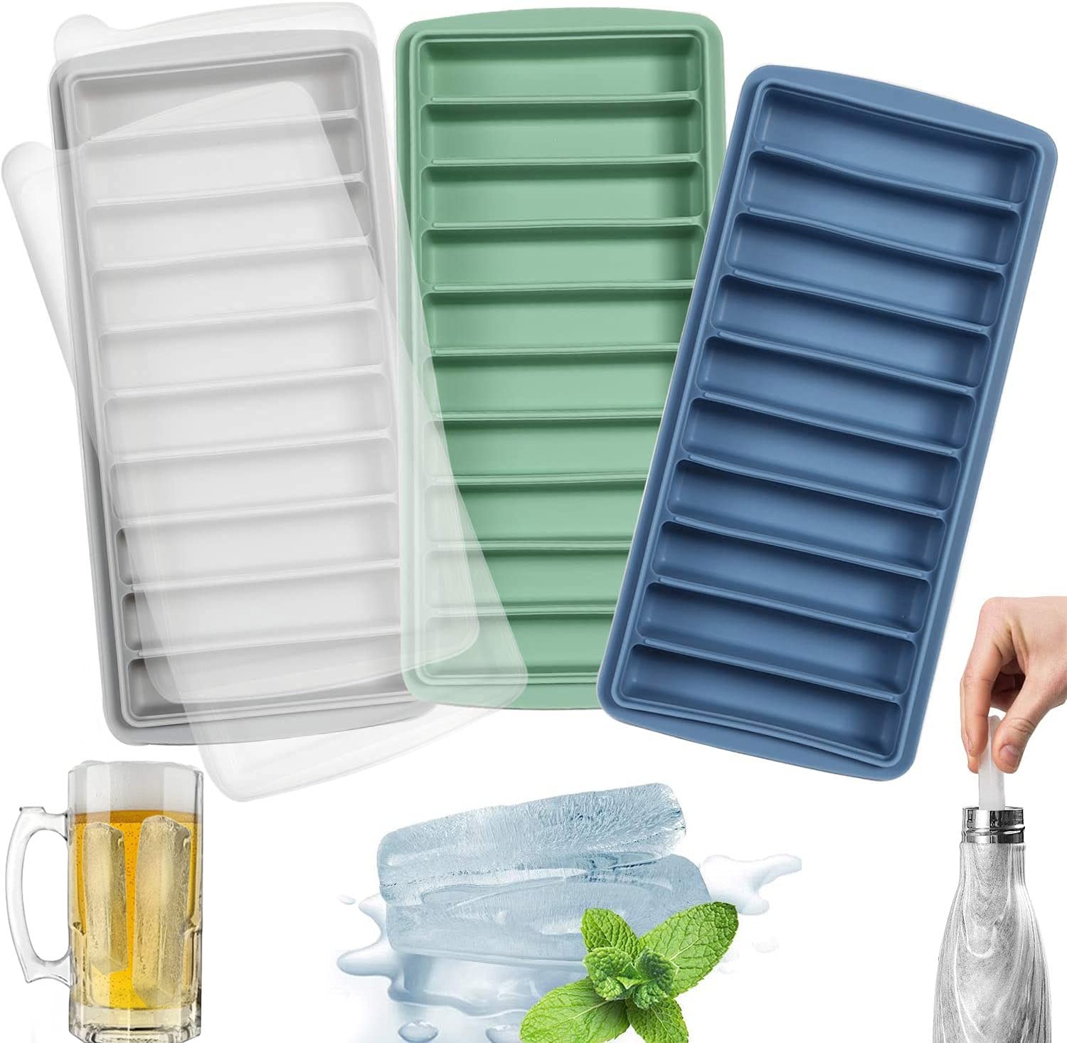 LessMo 3 PCS Ice Cube Tray, Long Stick 24 x 11.5 x 3 cm, Blue+Green+Gray