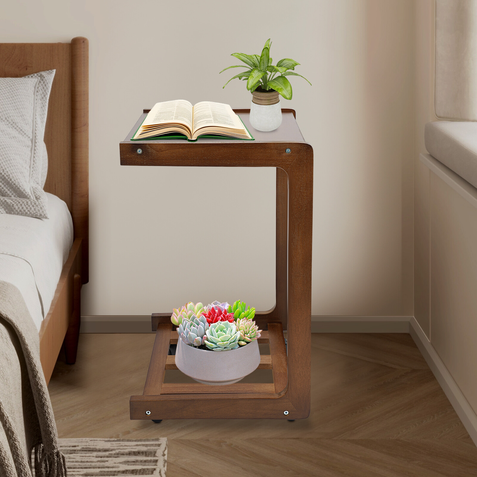 Modern C-shaped Rubber Wood End Table Small Side Table End Table with Wheels