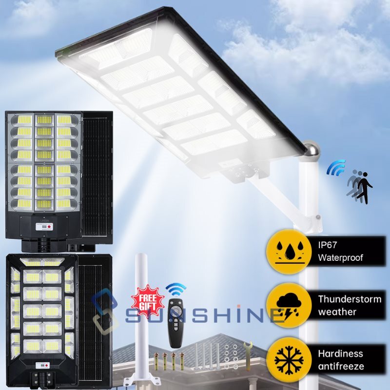 Heavy Solar Street Lights Outdoor IP67 Super Bright Dusk to Dawn Road Lamp+Pole