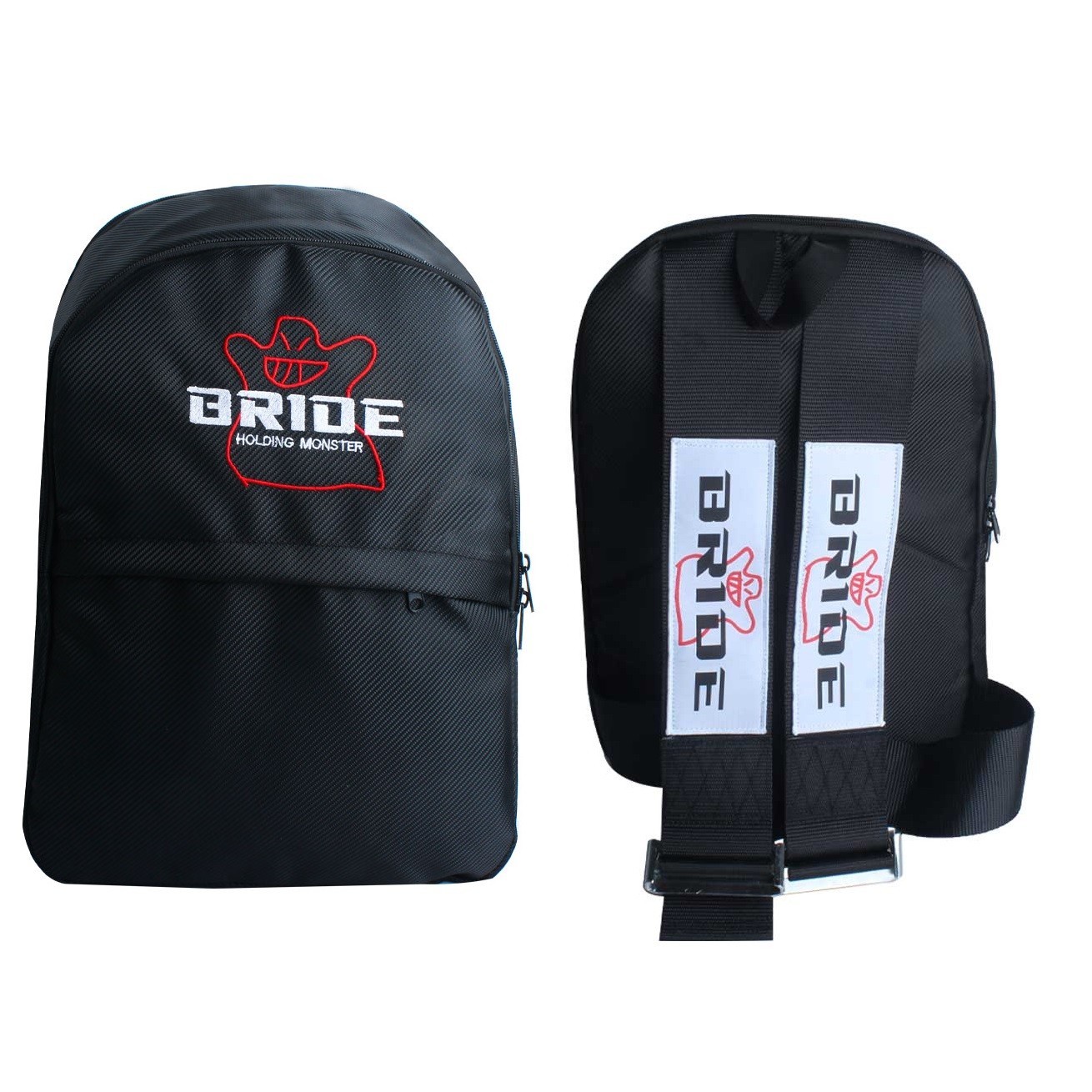 1x JDM BRIDE Backpack Black Carbon Fiber School Shoulder Travel Bag W Keychain