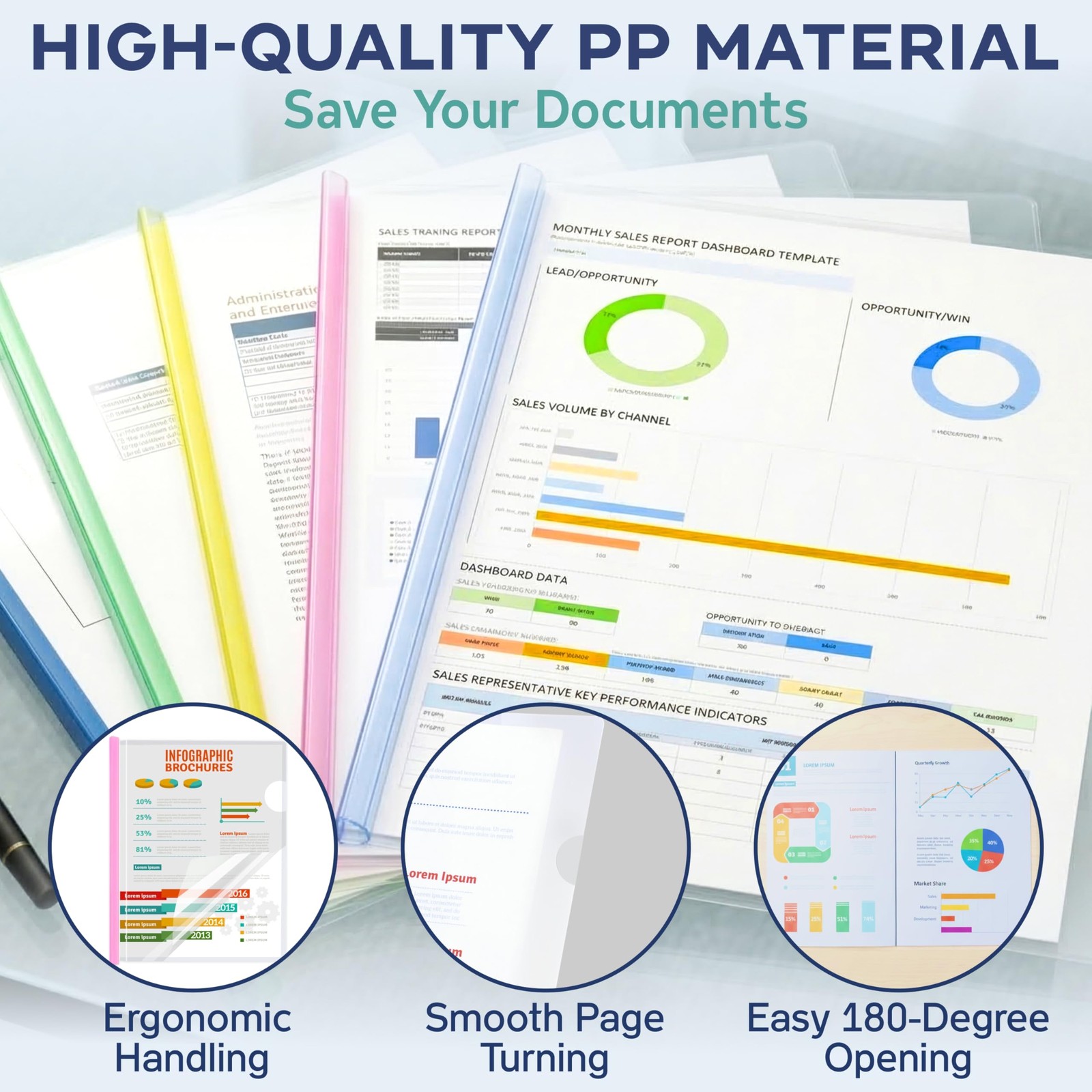5 Pack Report Covers with Multi-Color Sliding Bar - Clear Plastic Presentatio...
