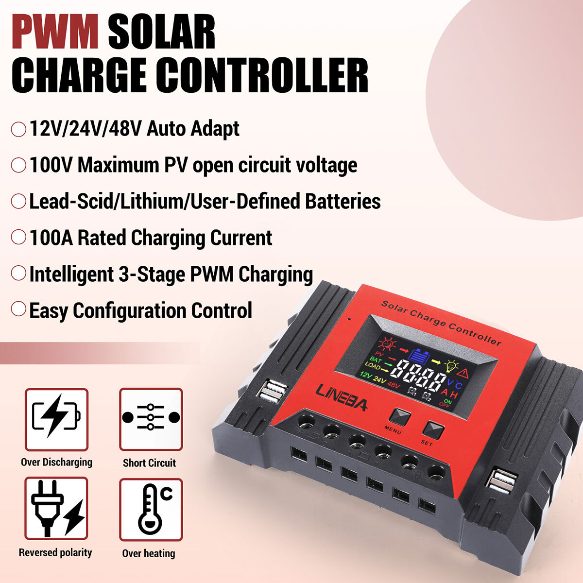 100A PWM Solar Panel Charge Controller 12/24/48V Auto LCD Display 4USB Timer Set