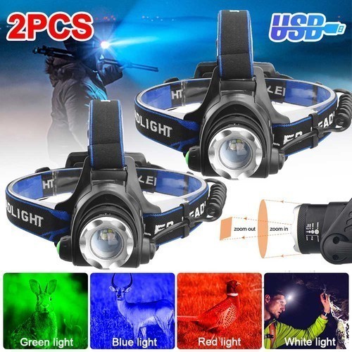 2 Pack 4-in-1 RGB LED Hunting Headlamp Multi Color Red Green Blue Head Torch