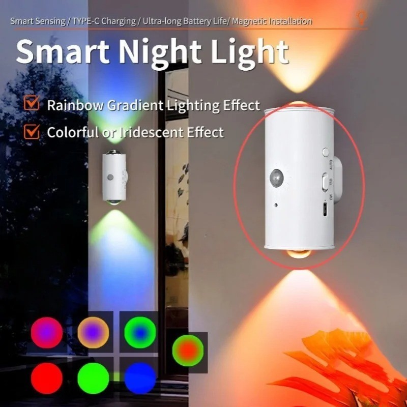 1-Pack Motion Sensor LED Night Light Rechargeable Magnetic Wall Lamp 7 Colors