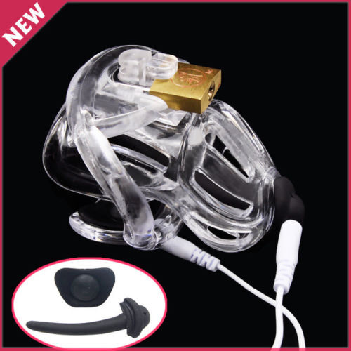 Bondage E-stim Shock Chastity Cage with Plug Lock Device for Male Restraint BDSM