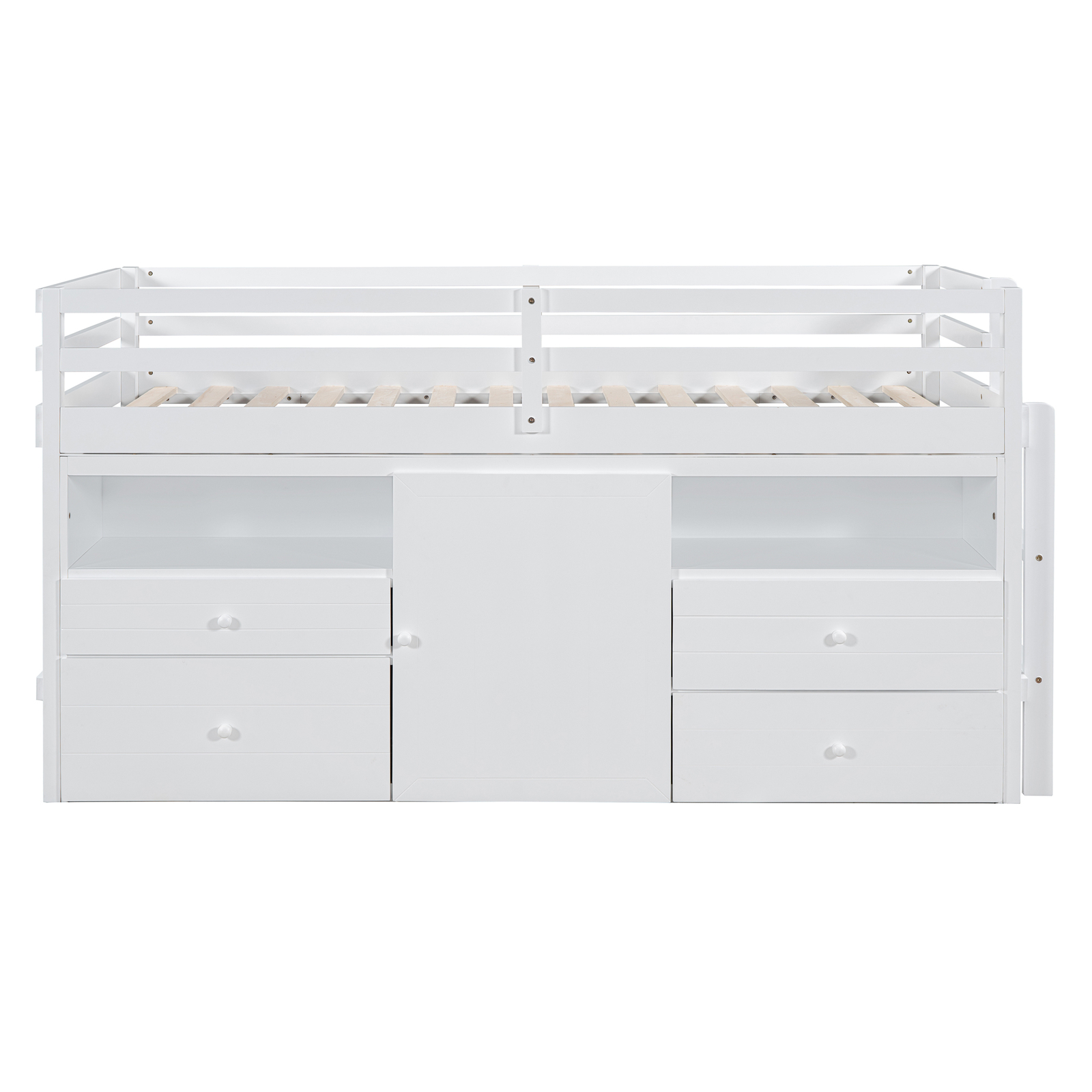 Twin Size Bed Frame Wood Loft Bed w/4 Drawers, Underneath Cabinet & Shelves