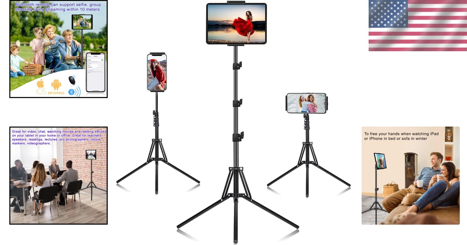 Adjustable 65 Inch Height Tripod Stand for iPad and Tablets