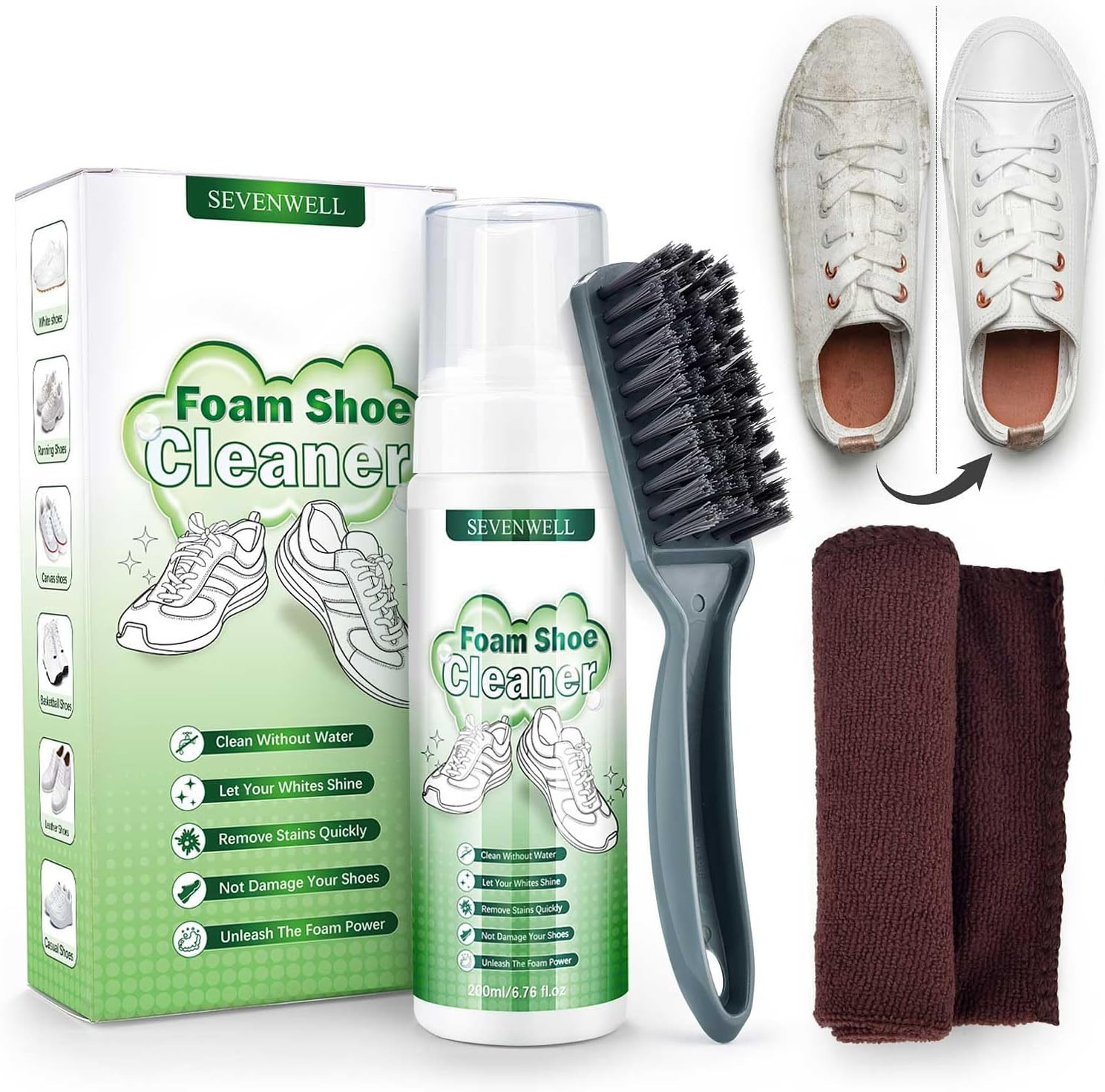 SEVENWELL Foam Shoe Cleaner Kit, 6.76 Oz White Shoe Cleaning with Brush and Towe