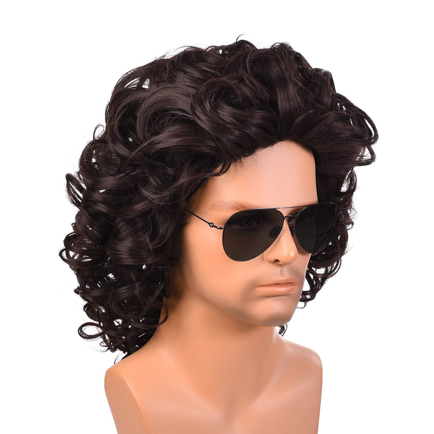 Mens 80s Style Short Messy Curly Dark Brown Wigs for Halloween Costume DIY Th...