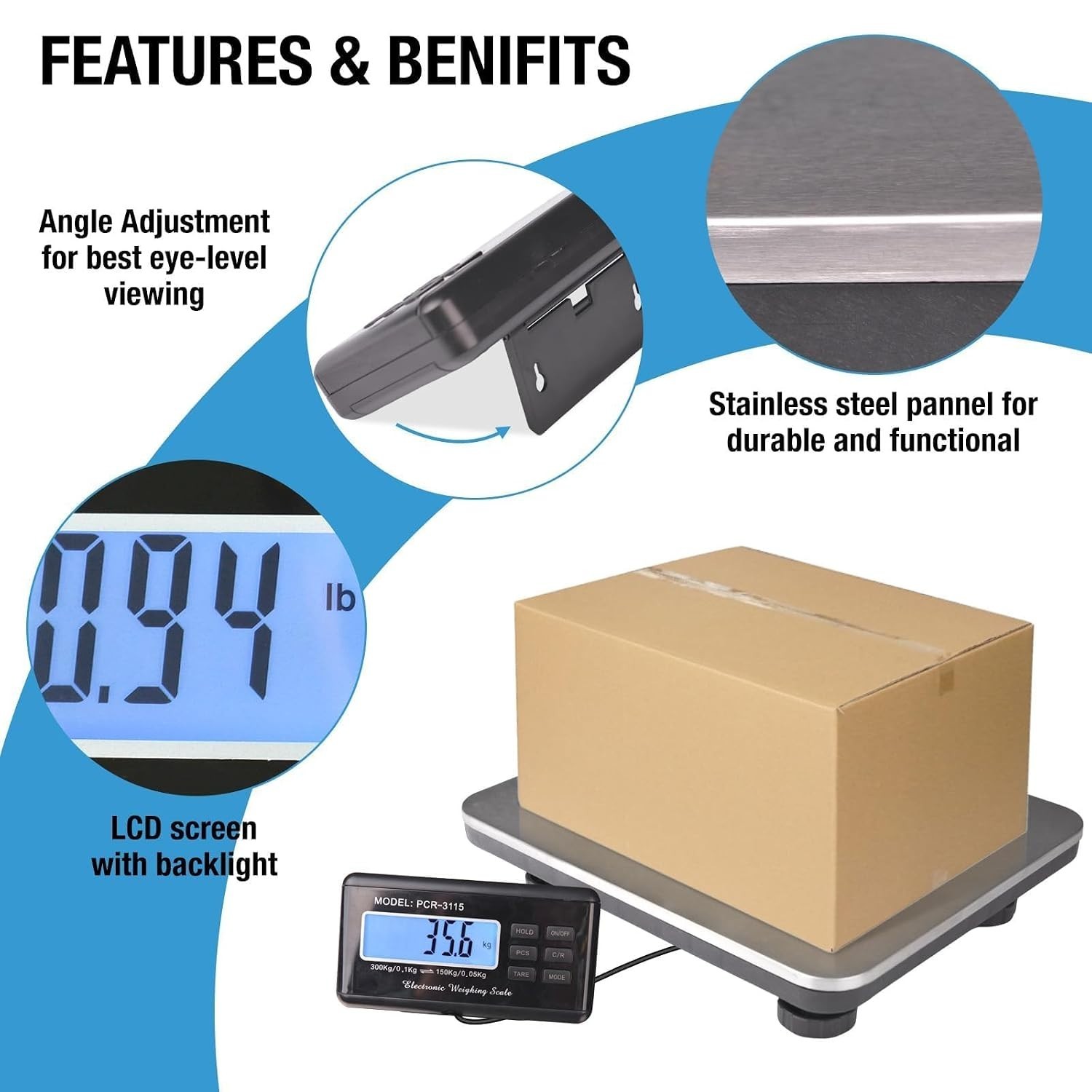 Shipping Scale 660lbs LCD Digital Platform Heavy Duty Portable Stainless Plat...
