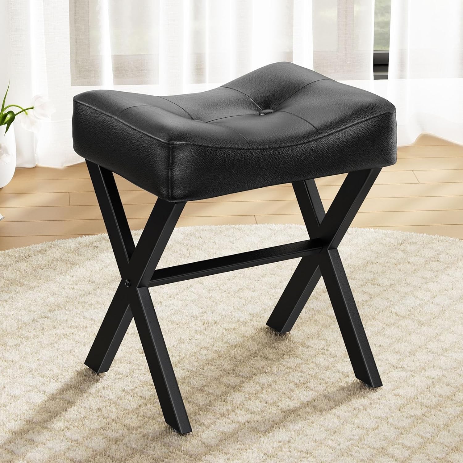 18" Leather Vanity Stool Chair Vanity Bench with Metal X-Leg Ottoman Foot Stool
