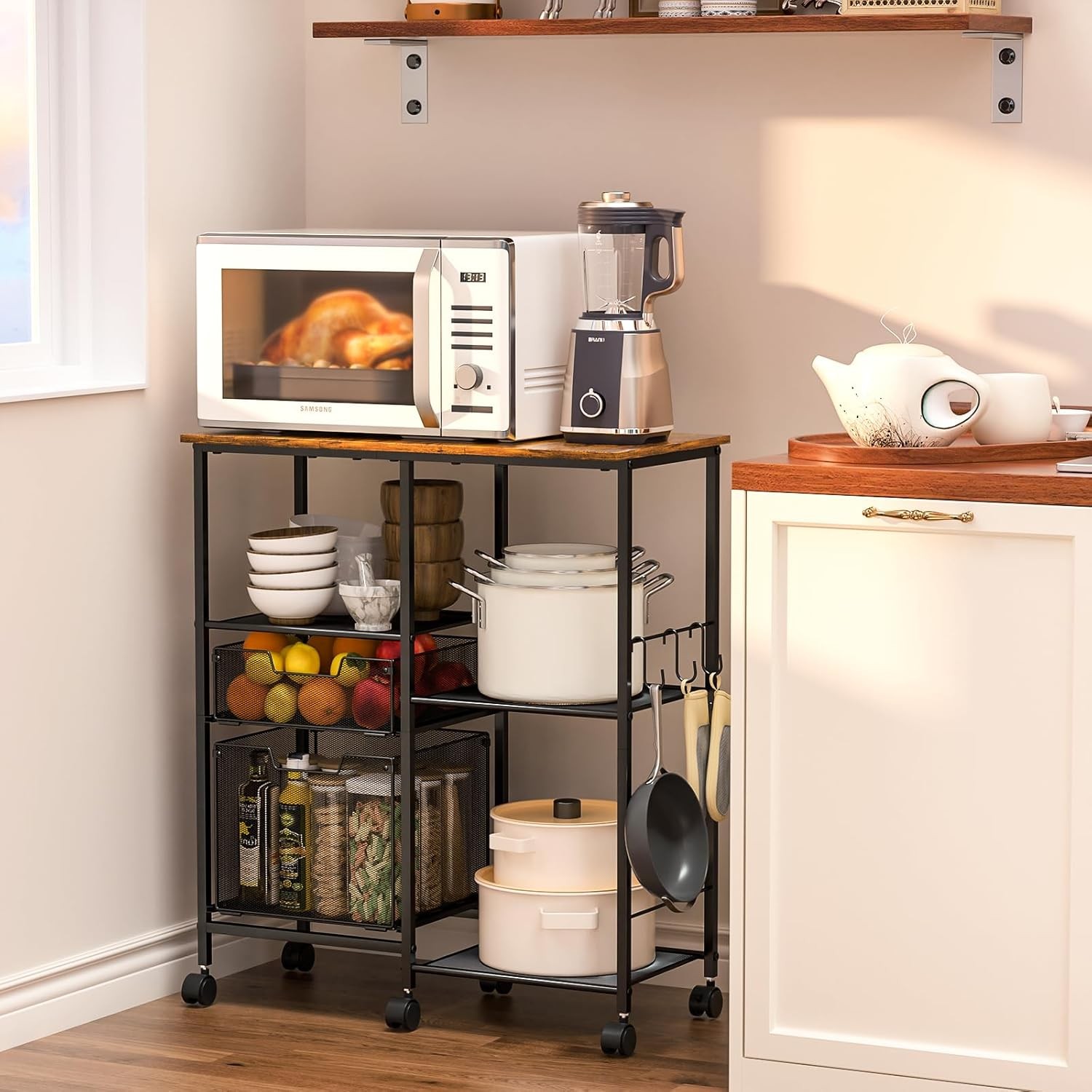 Rolling Microwave Cart W/ Storage Microwave Stand W/ Drawers Kitchen Storage