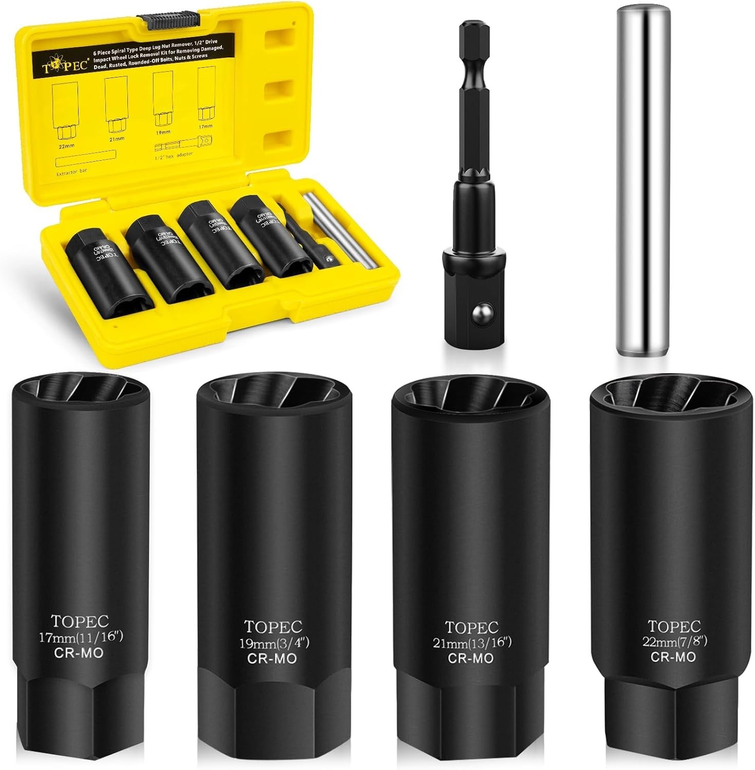6PCS Deep Lug Nut Removal Tool, 1/2" Drive Lug Nut Extractor Set, 17,19,21,22MM