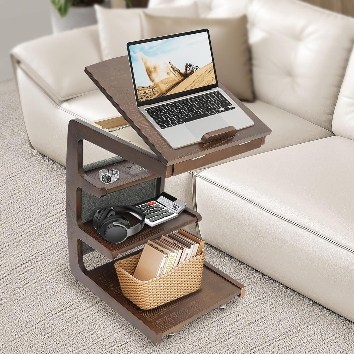 4-Tier C-Shaped End Table w/ Wheels End Table w/ Concealed Storage Compartment