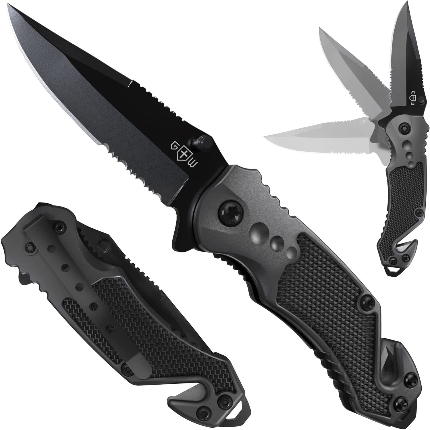 Black Serrated Blade Pocket Folding Knife w Glass Breaker & Seaqtbelt Cutter NEW