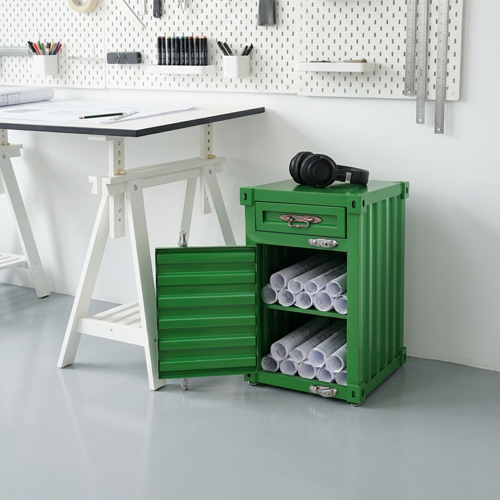 Industrial Metal Container Side Table, Container Style Side Table with Drawer