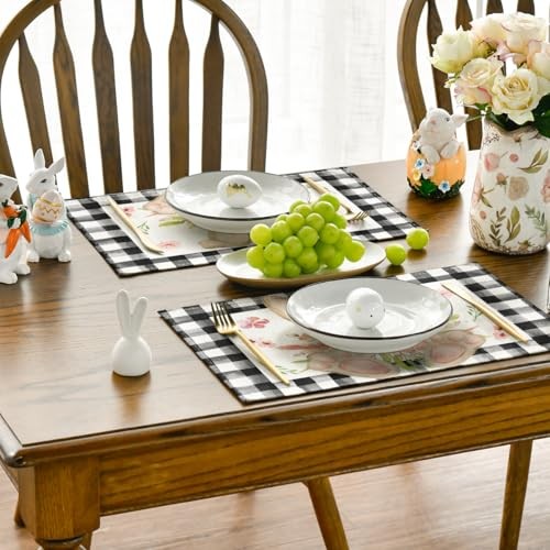Buffalo Plaid Bunny Ear Foot Flower Easter 12" x 18", Rectangular 4 Pcs Black