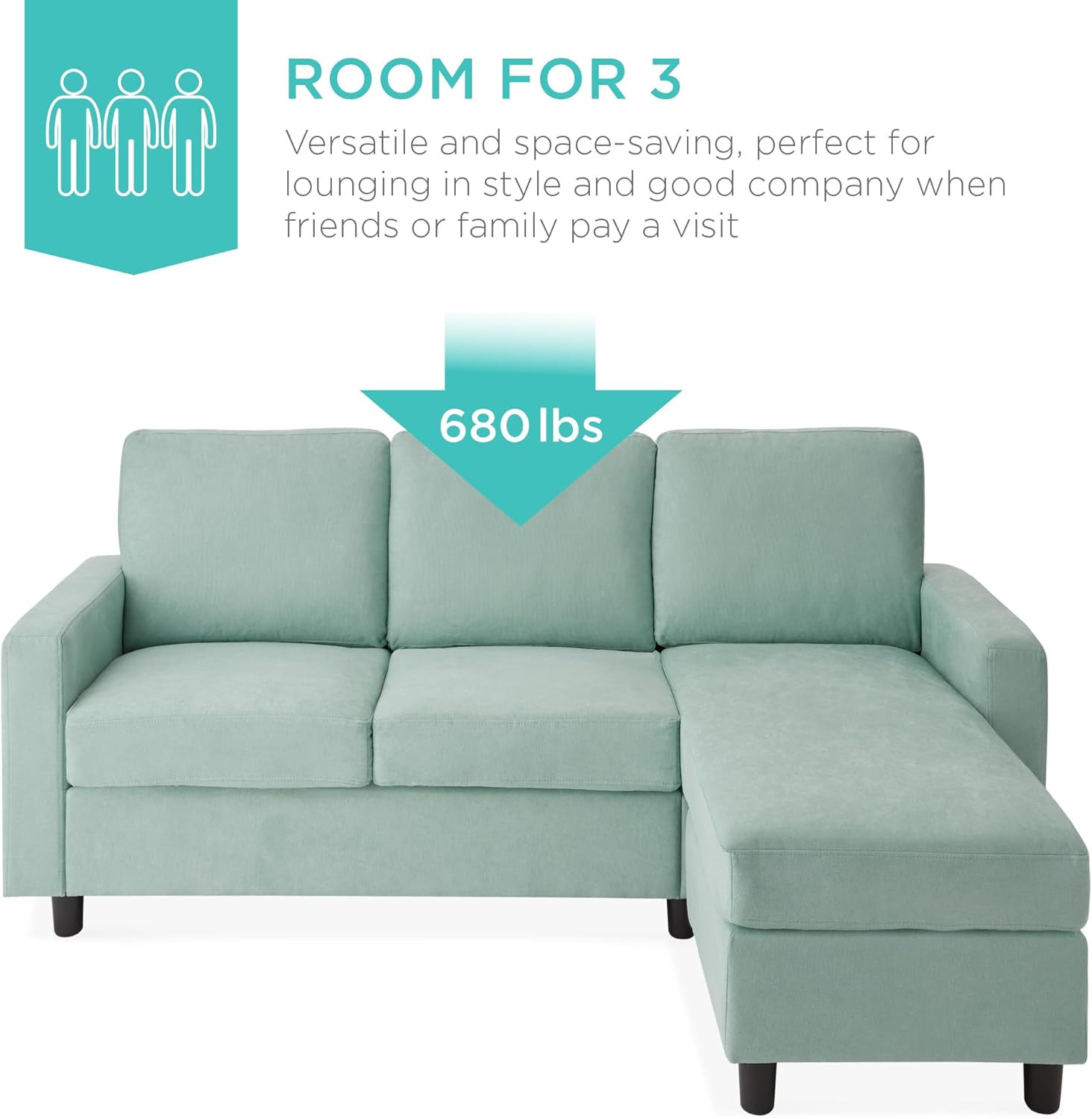 Upholstered Sectional Sofa with Chaise Lounge 3 Seat L Shape Reversible Ottoman