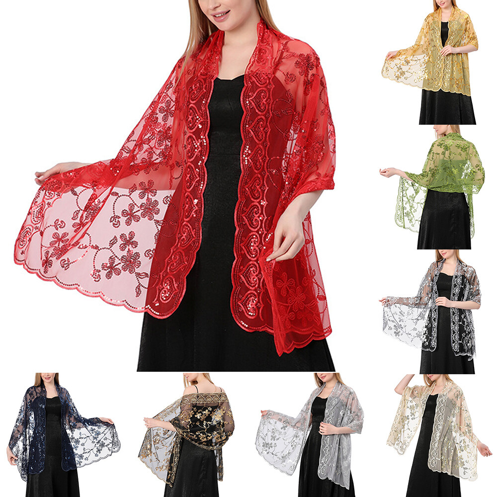 Evening Dress Wedding Shawls Sequin Embroidered Shawl Hollow Out Sheer Scarves L