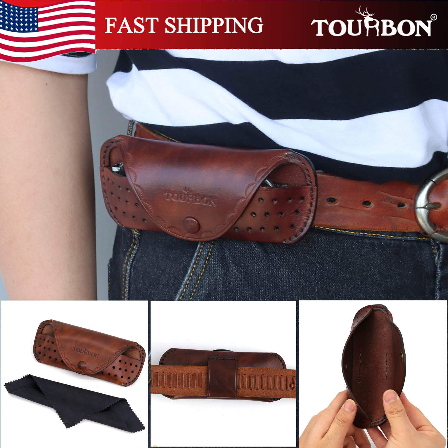 TOURBON Leather Eyeglasses Protector Case Glasses Carrier Belt Pouch Gift