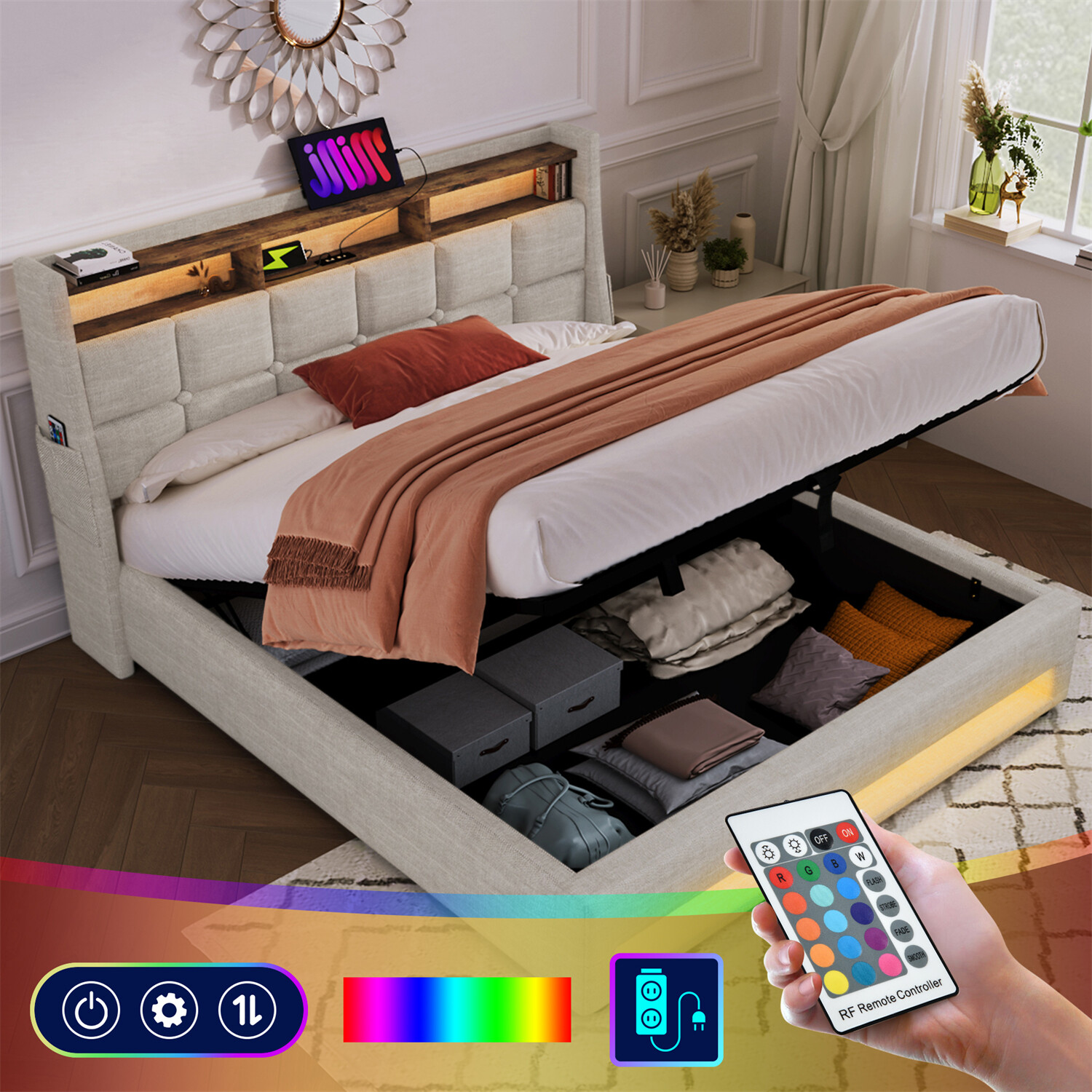 Queen Size LED Bed Frame Upholstered Platform Bed w/ Hydraulic Storage System US