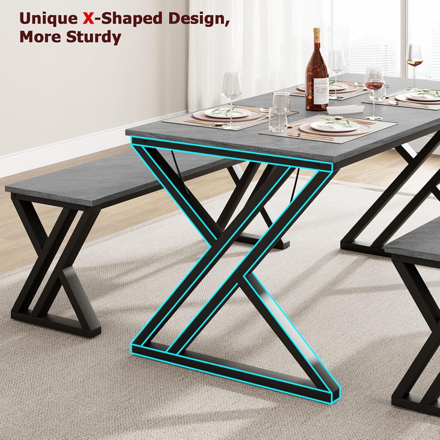 Kitchen Table with Benches, Dining Table Set for 4, Saving Space Table Set