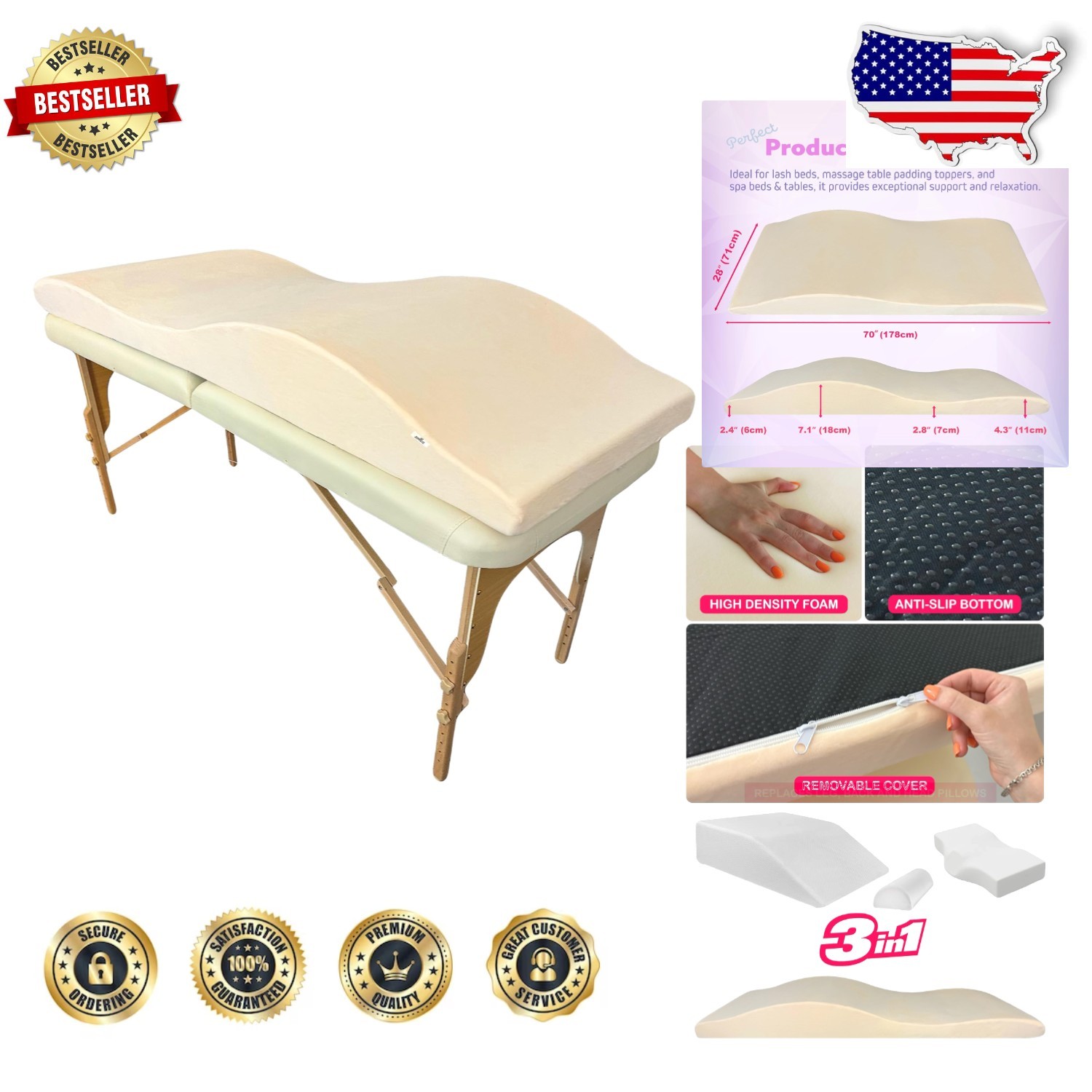 Ergonomic Lash Bed Topper Memory Foam Pad - Plush Cover, 70" Beige Spa Mattress