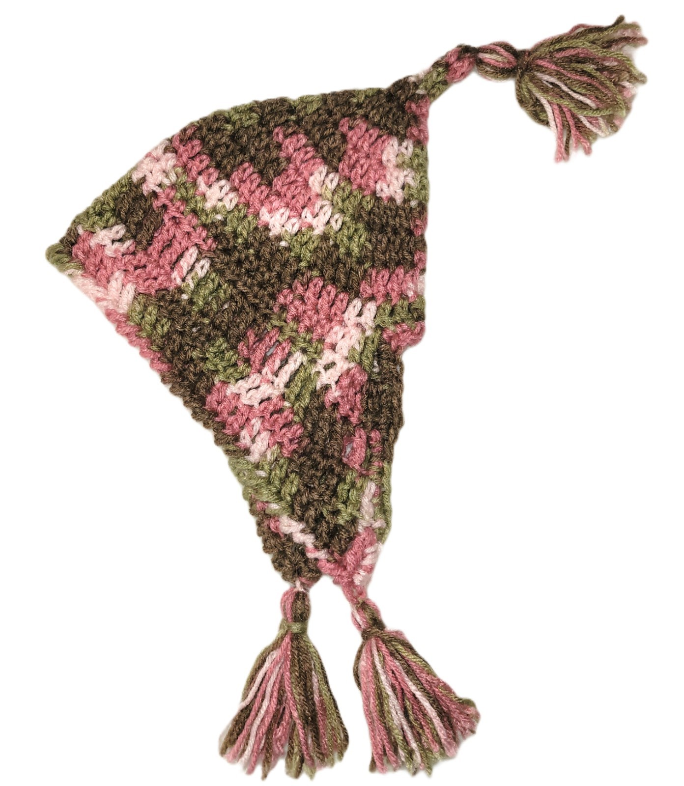 Kids Crochet Fairy Hat Pink Rose Garden Camo Earflaps Tassels Pom Pom Winter