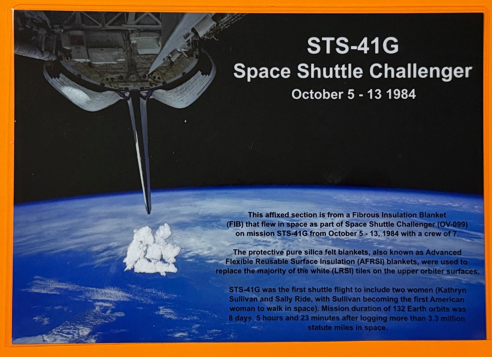 STS 41-G MISSION FLOWN IN SPACE FIB BLANKET RELIC ARTIFACT ON PRESENTATION CARD