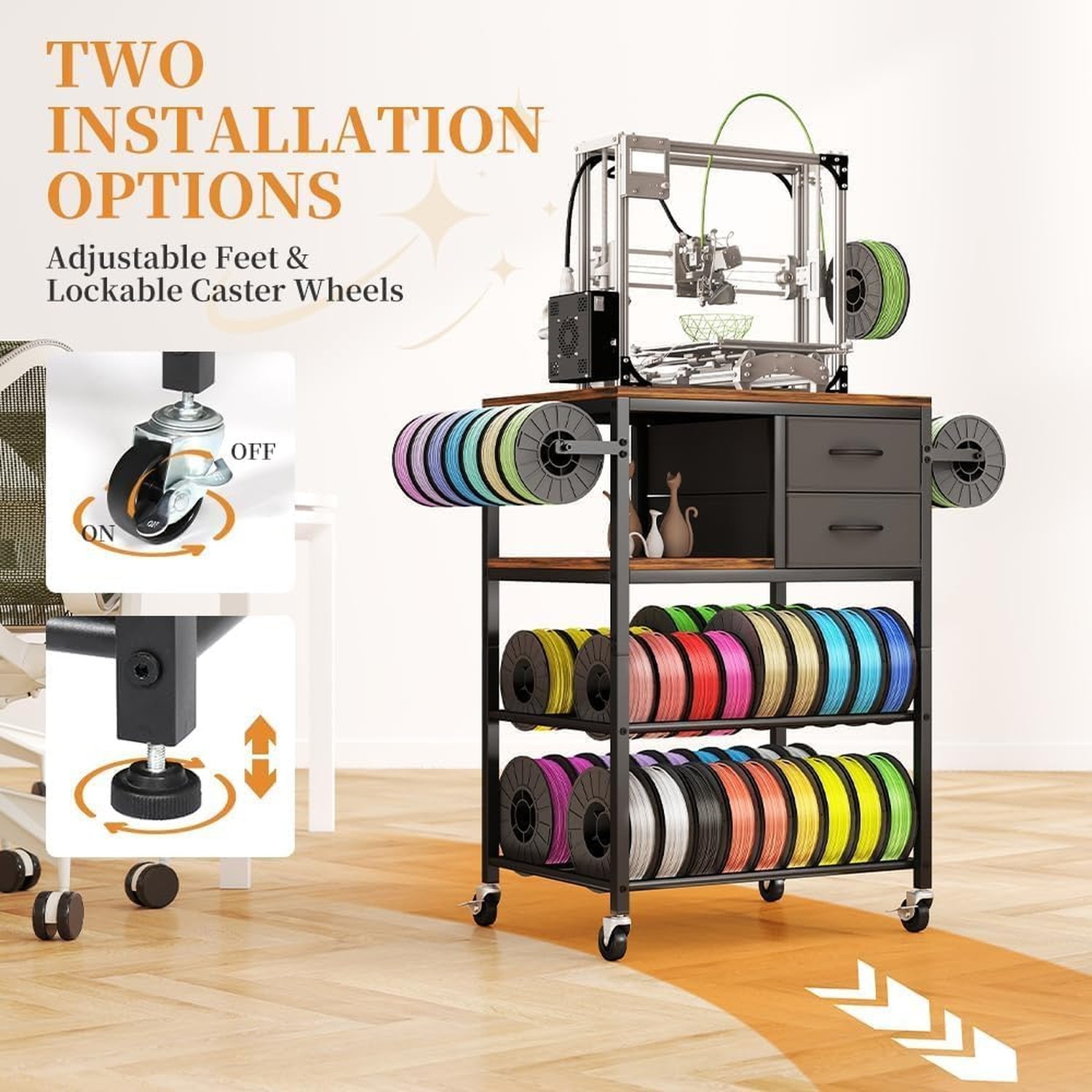 3D Printer Stand with Filaments Storage, Rolling 3D Printer Table Filament St...